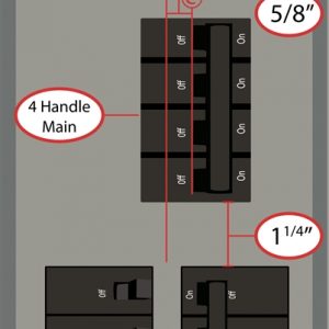 This Interlock Kit performs like a manual transfer switch for General Electric (GE) electrical panels and requires: Horizontal (left-right) throw Four-handle breaker Offset 5/8″ right of center of the two breaker columns Distance from columns: 1¼” (above) Space between breaker columns: ½”; two panel spaces required for this Kit