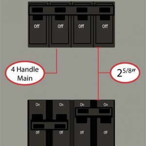 This Kit mounts to GE electrical panels with the following features: Vertical (up-down) throws Four-handle breaker Sits parallel to column below Space between breaker columns: 2-5/8″; two panel spaces required for this Kit.