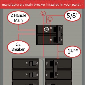 This Interlock Kit mounts to General Electric (GE) electrical panels and requires: Horizontal (left-right) throw Two-pole handle breaker Offset 5/8″ right of center of the two breaker columns Distance from columns: 1¼” (above) Space between breaker columns: ½”; two panel spaces required for this Kit