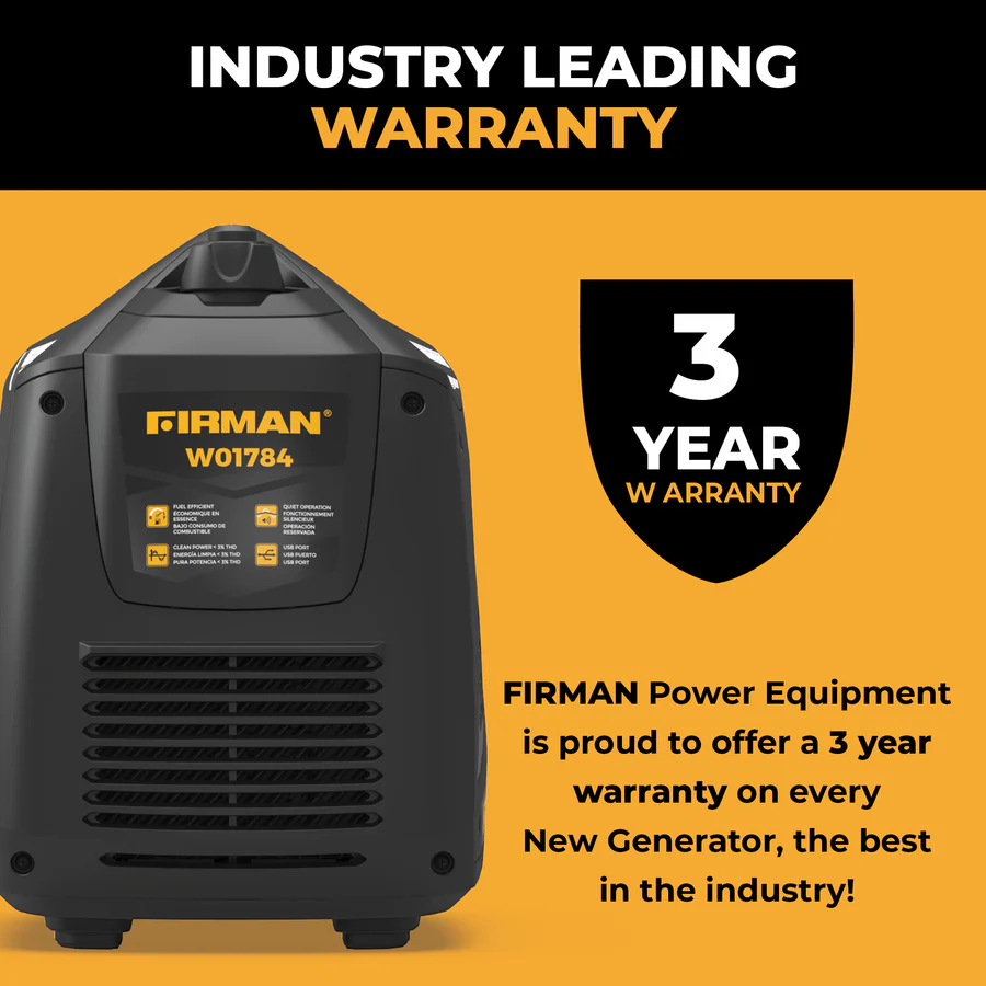 W01784 inverter generator with 3 year warranty badge