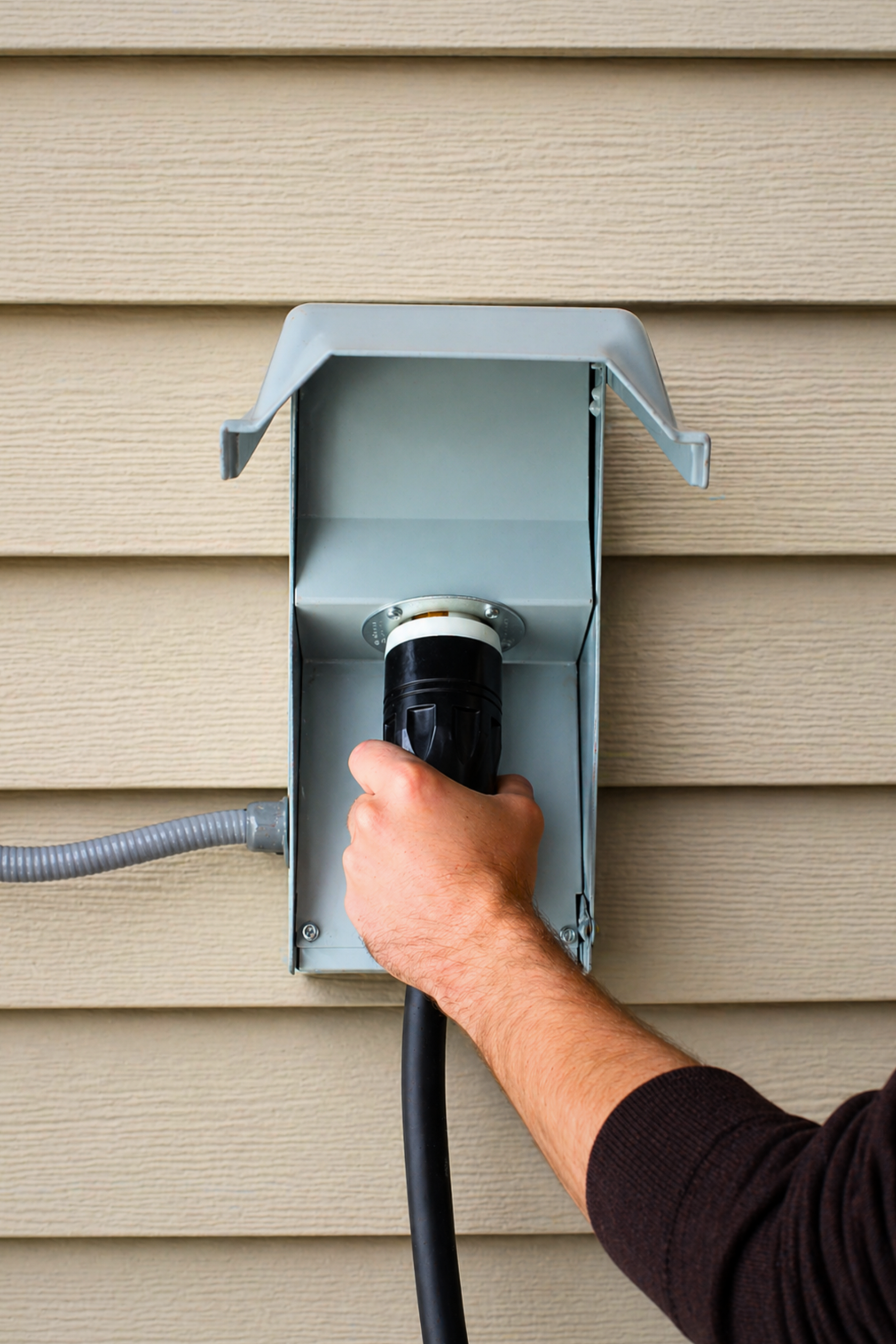 Generator Inlet Box with Power Cord Connection Person plugging a generator power cord into a weatherproof inlet box mounted on home siding