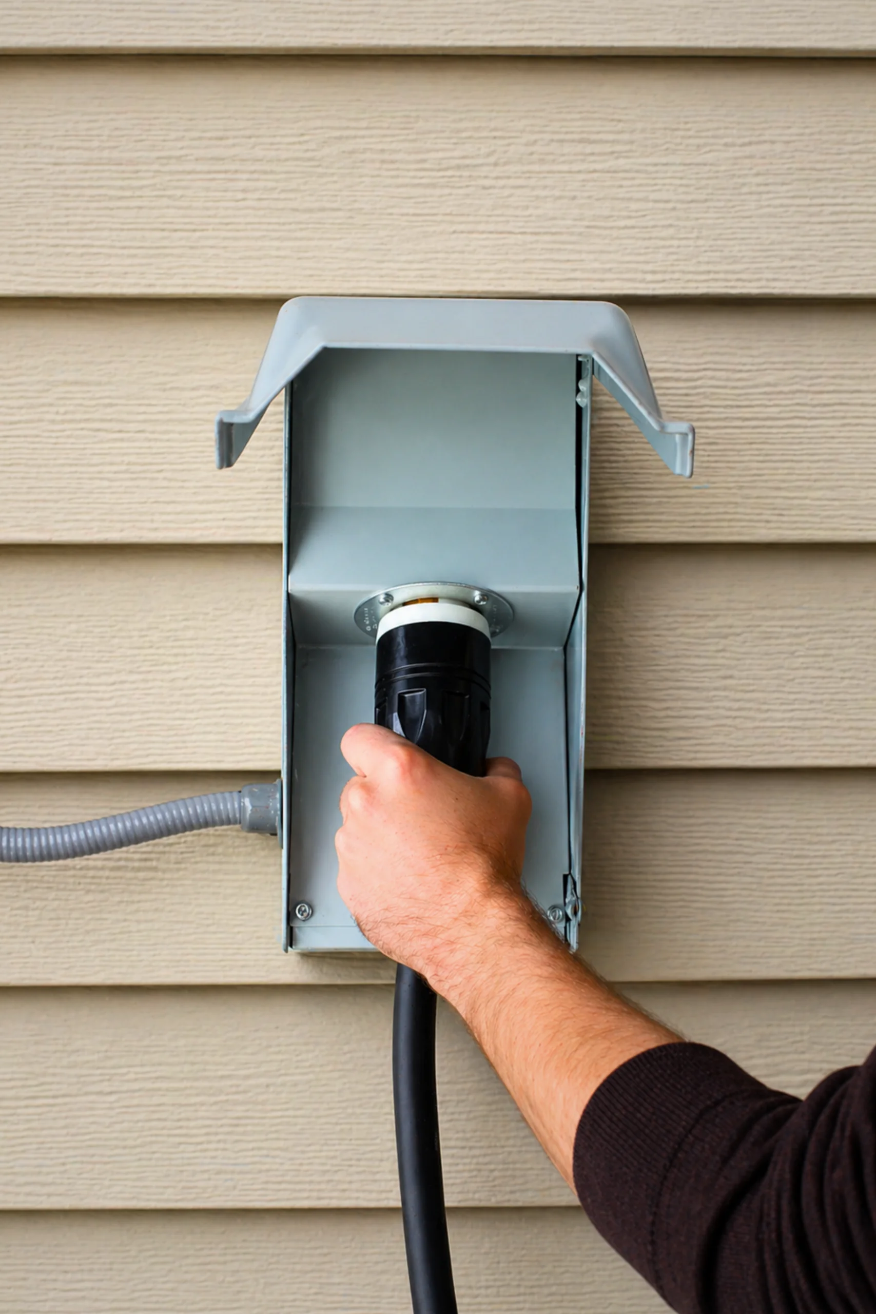 Generator Inlet Box with Power Cord Connection Person plugging a generator power cord into a weatherproof inlet box mounted on home siding