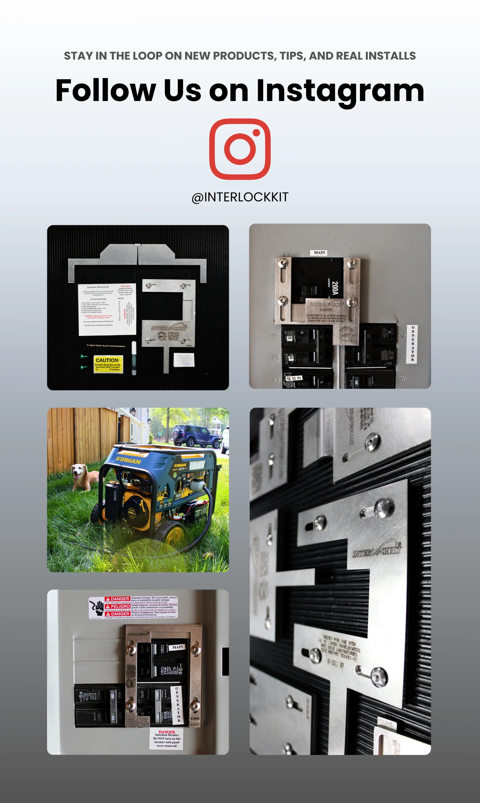 A collage of Interlockkit product photos including interlock kits installed on electrical panels, an unboxed kit, and a Firman generator running outdoors.