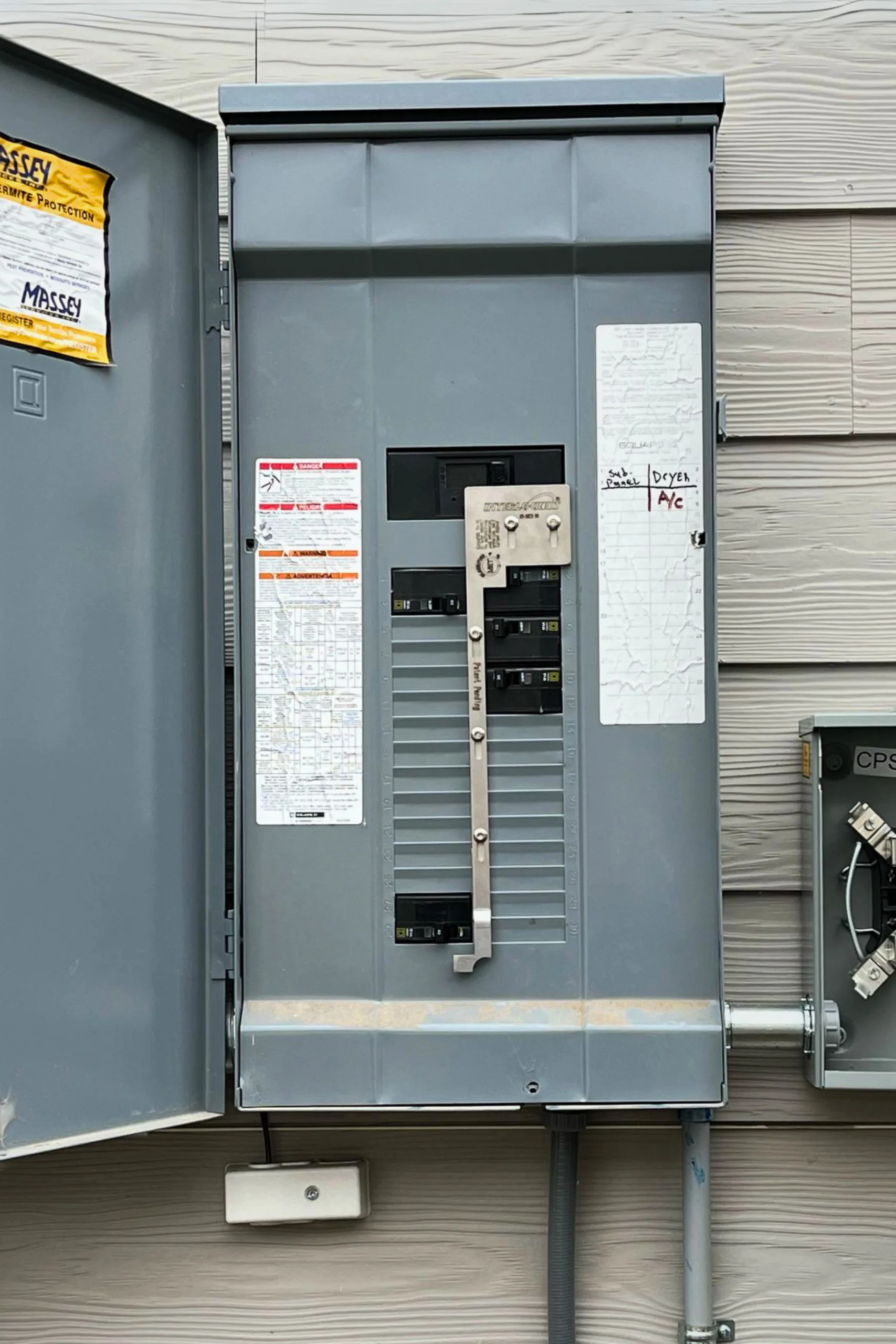 Square D Exterior Panel with Generator Interlock Kit Installed A Square D electrical panel with an Interlockkit generator interlock kit installed, mounted on the exterior of a home.