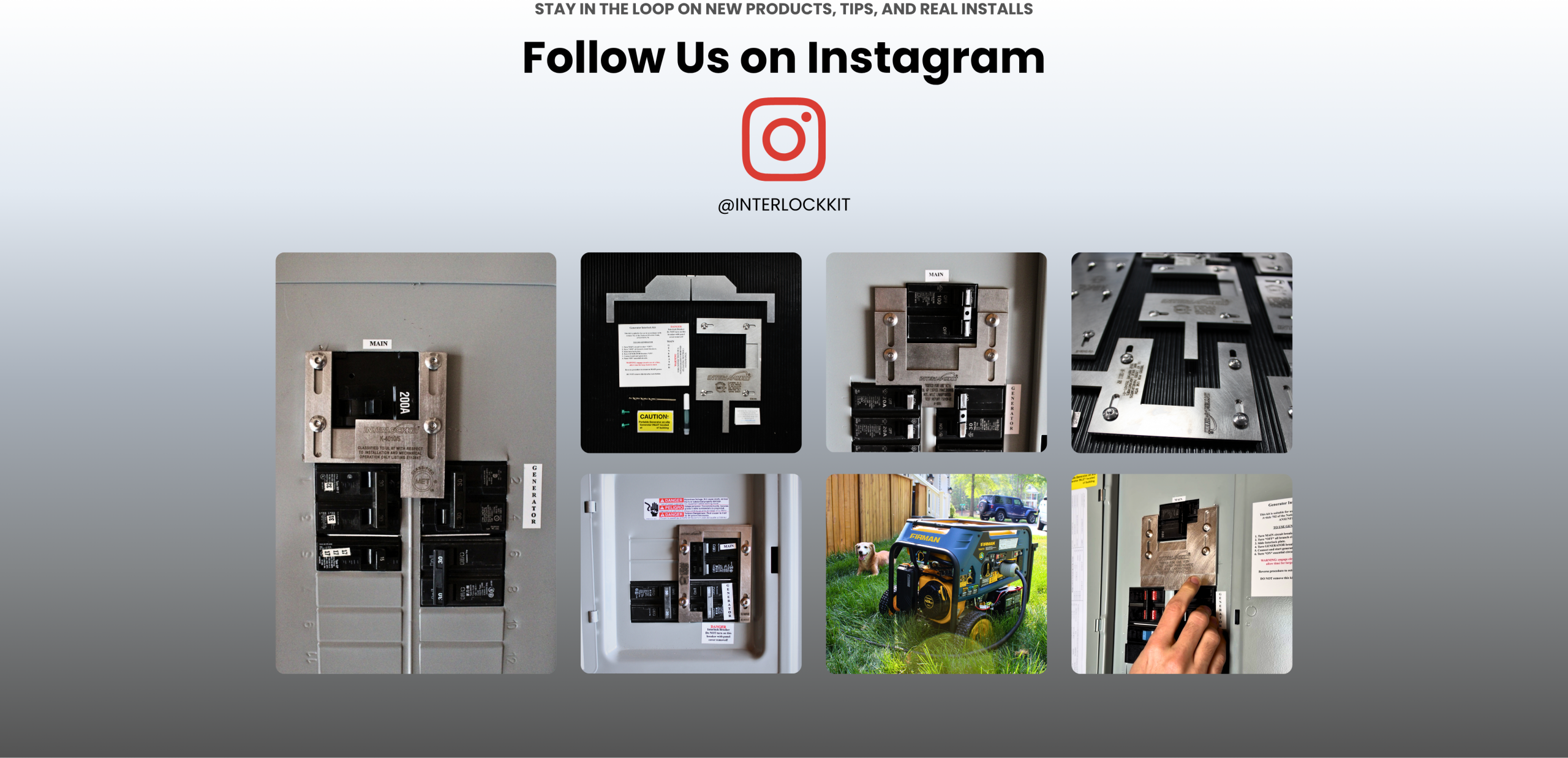 A collage of Interlockkit product photos including interlock kits installed on electrical panels, an unboxed kit, and a Firman generator running outdoors.
