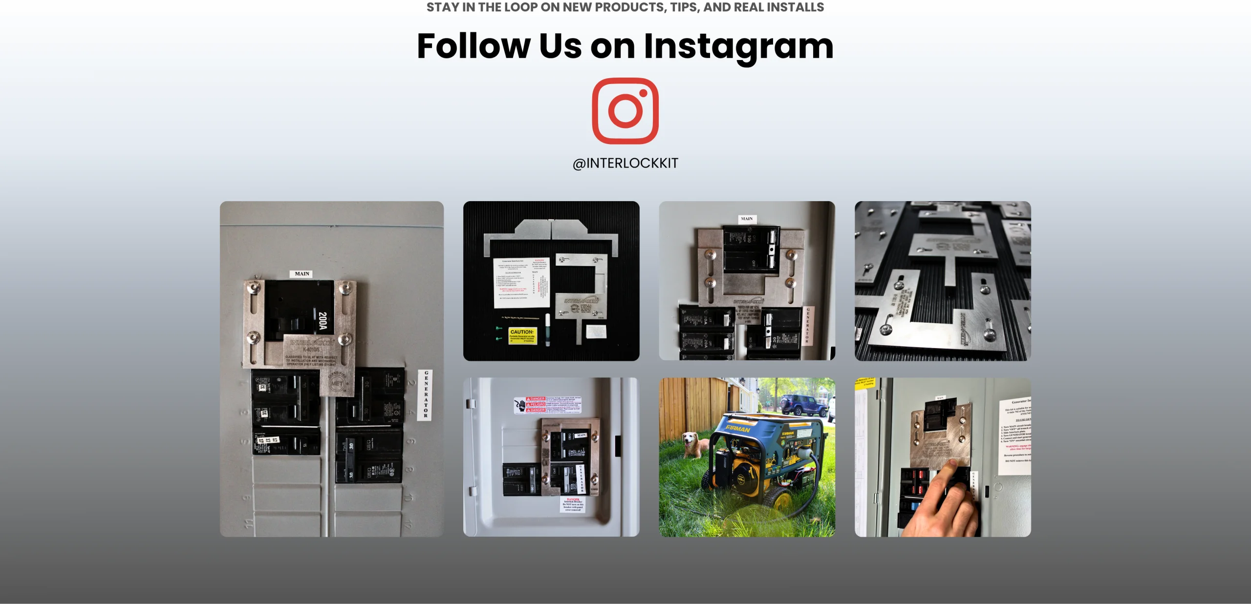 A collage of Interlockkit product photos including interlock kits installed on electrical panels, an unboxed kit, and a Firman generator running outdoors.