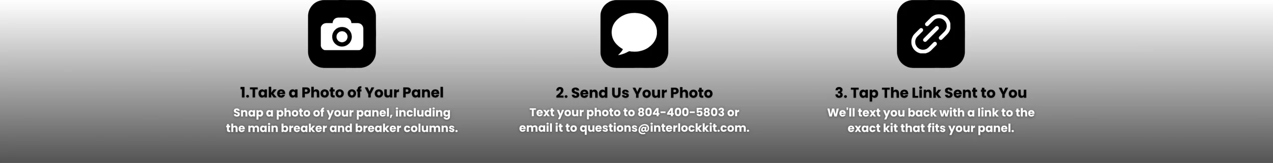 Three-step process graphic showing how to find a generator interlock kit: take a photo of your panel, send it to Interlockkit, and receive a link to the right kit