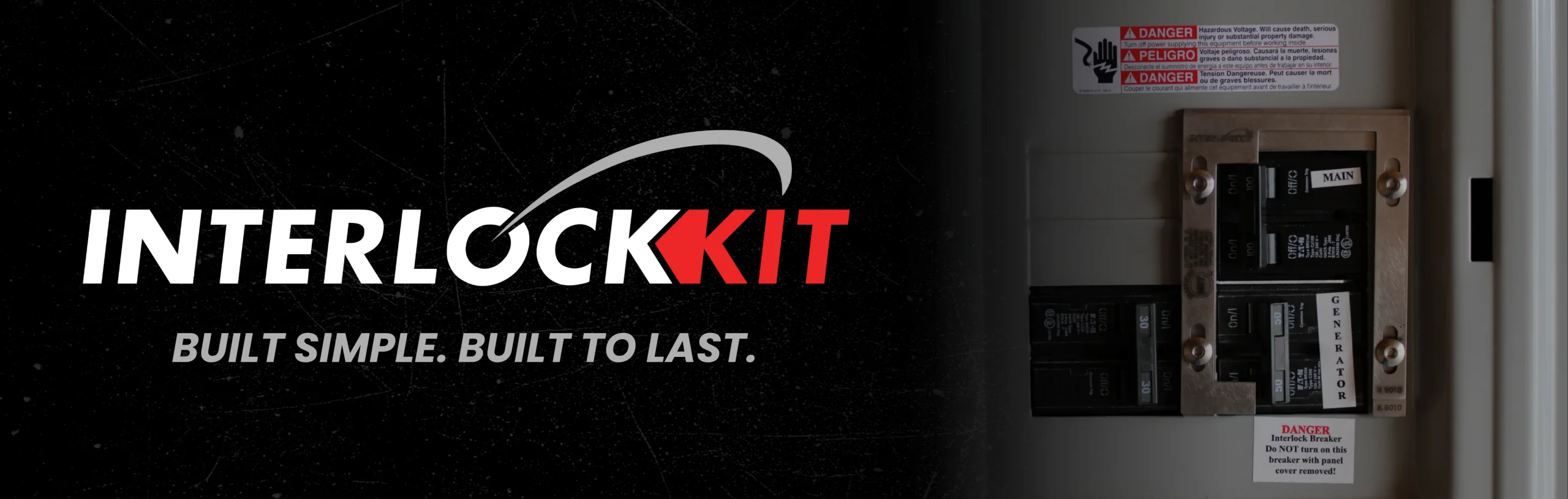 Interlockkit logo with the tagline "Built Simple. Built to Last." next to a photo of a generator interlock kit installed on a residential electrical panel