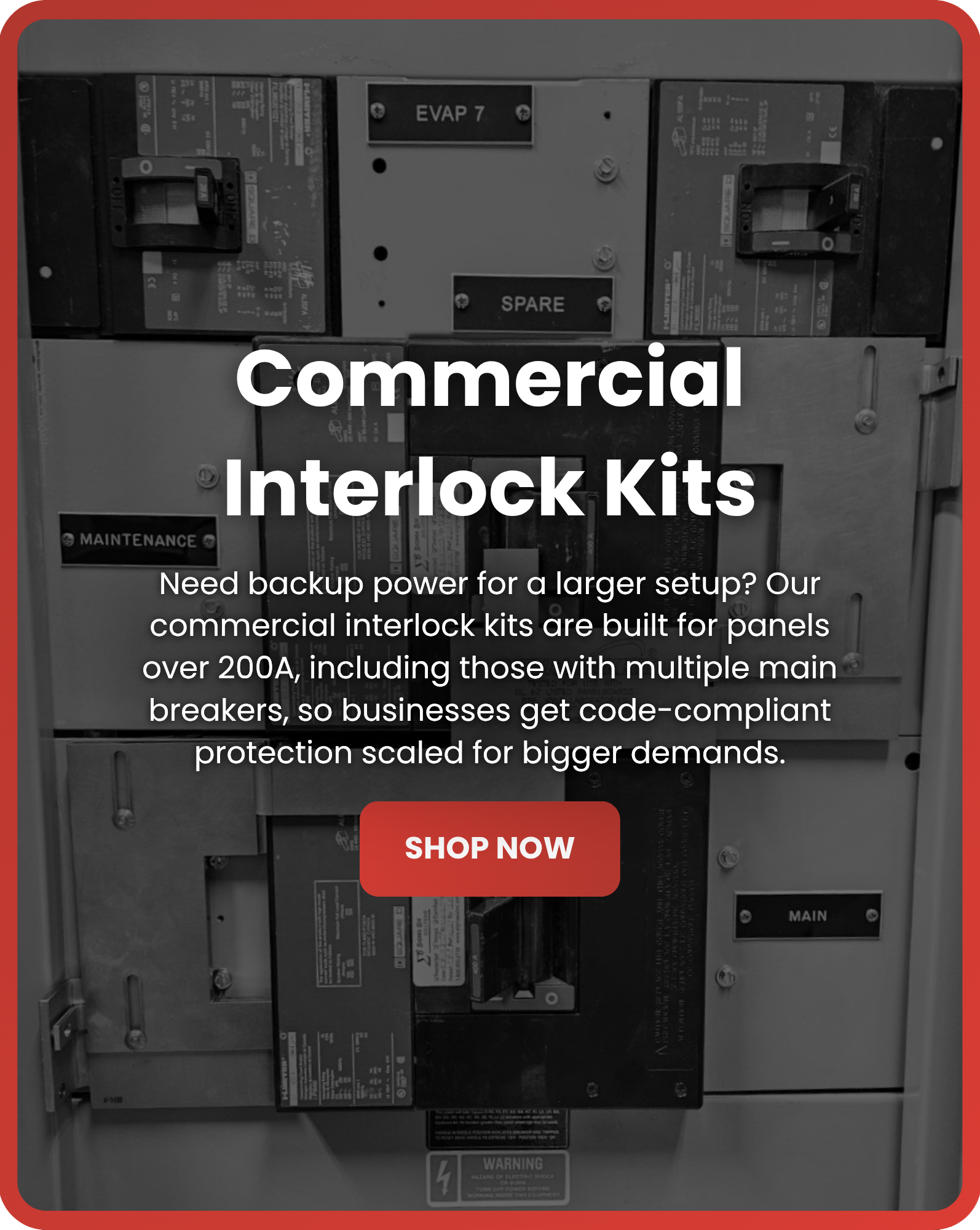 Commercial Generator Interlock Kits for Panels Over 200A Commercial generator interlock kit installed on a large electrical panel over 200A with multiple main breakers
