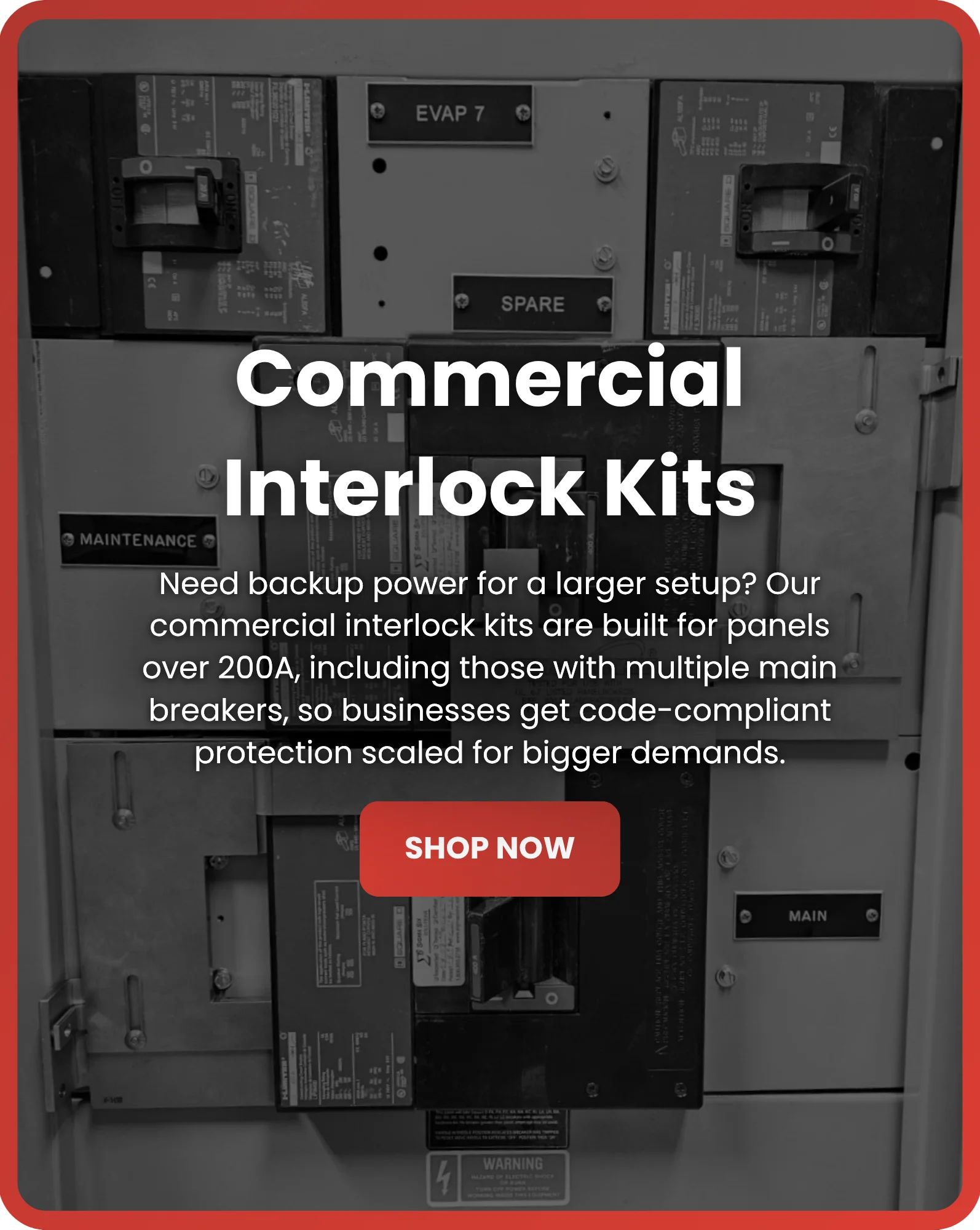 Commercial Generator Interlock Kits for Panels Over 200A Commercial generator interlock kit installed on a large electrical panel over 200A with multiple main breakers
