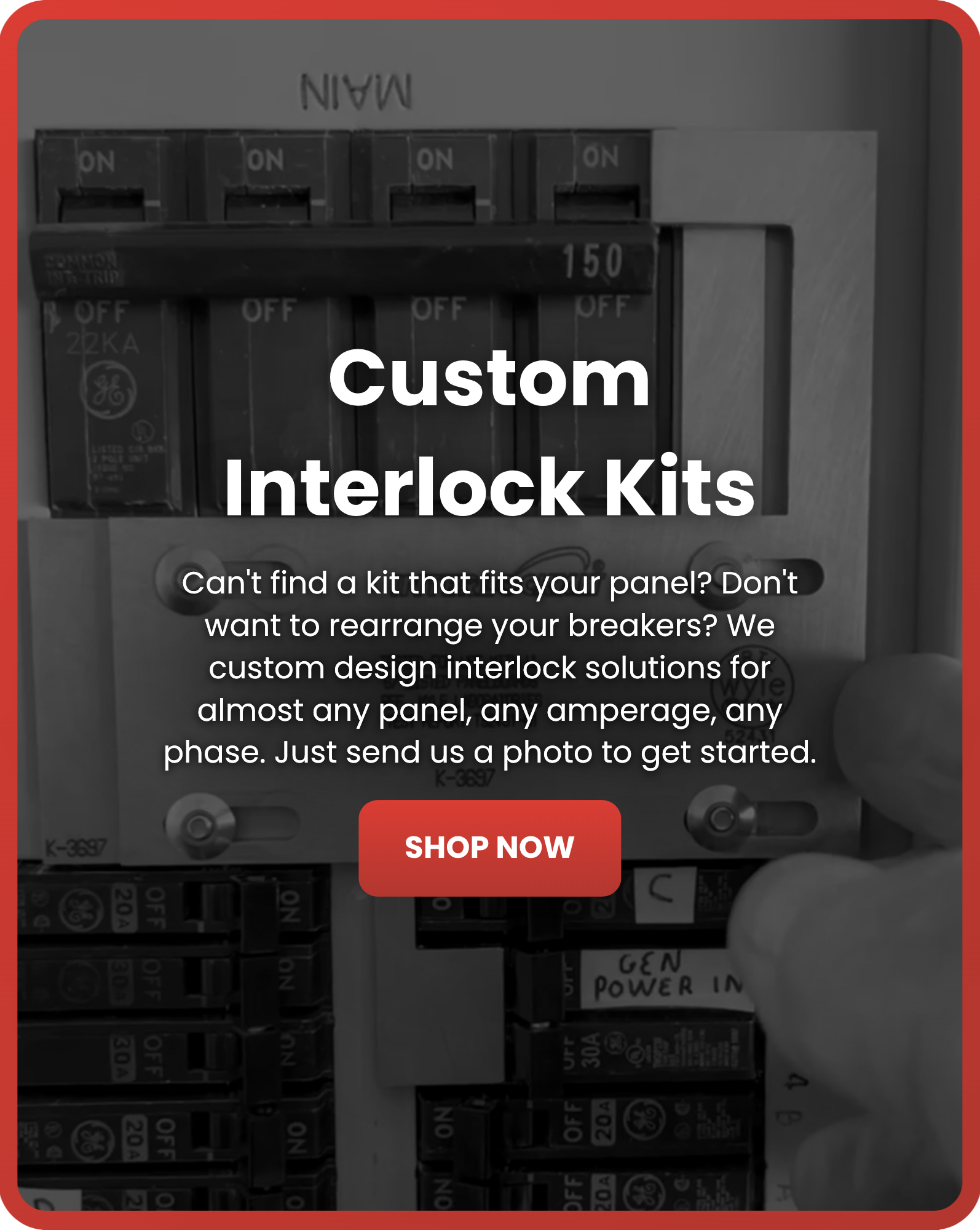 Custom Generator Interlock Kits for Any Panel, Any Amperage Custom generator interlock kit designed for a non-standard residential electrical panel with multiple breakers