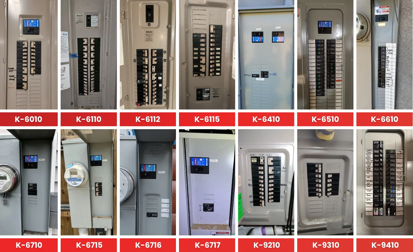 Reference chart of Eaton Cutler-Hammer electrical panels matched to Interlockkit kit numbers K-6010 through K-9410